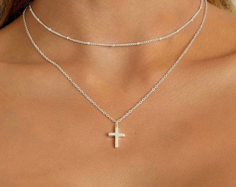 Gold Cross necklace, religious necklace, dainty gold necklace, 18k gold, layer cross necklace, layering necklace set, cross choker necklace image 3