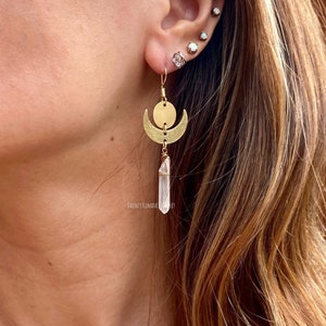 Crystal earrings, moon and sun, raw crystal earrings, crystal moon earrings, bohemian earrings, crescent moon earrings, witchy earrings