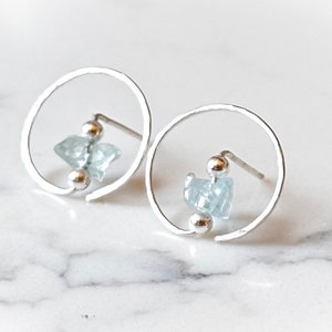 Raw Aquamarine earrings, blue crystal earrings, aquamarine stud earrings, raw peridot earrings, raw citrine, black tourmaline, rose quartz image 2