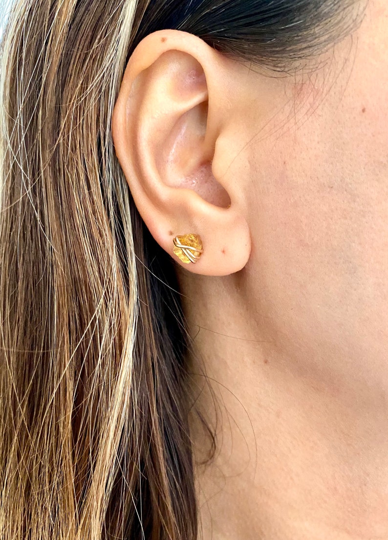 Raw citrine stud earrings, crystal earrings, November birthstone earrings, raw stone jewelry, natural citrine, 18k gold studs dainty jewelry image 9
