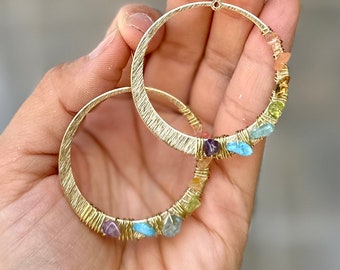 Crystal Hoop earrings, Raw crystal earrings, Seven chakra crystal, natural Quartz, boho hoop, bridal jewelry, Bohemian earrings, rainbow