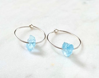 Aquamarine hoop earrings, tiny silver hoop earrings, small hoop earrings, raw stone hoop earrings, blue gemstone earrings, March birthstone