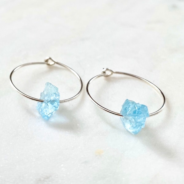 Aquamarine hoop earrings, tiny silver hoop earrings, small hoop earrings, raw stone hoop earrings, blue gemstone earrings, March birthstone