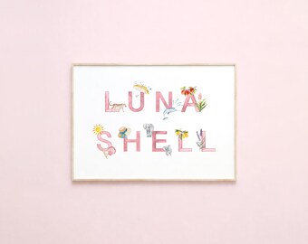 Custom Name Print | Illustrated Alphabet Nursery Wall Art (Digital Download)