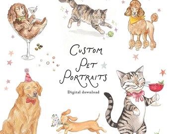 Custom Pet Portrait Illustration – Quirky Watercolor Dog, Cat Art (Digital Download)