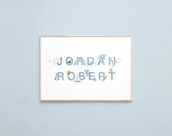 Custom Name Art Print – Whimsical Animals, Rainbow, Rocket (Digital Download)