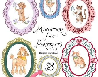 Grandmillennial Mini Custom Pet Portrait Illustration – Quirky Watercolor Dog, Cat Art (Digital Download)