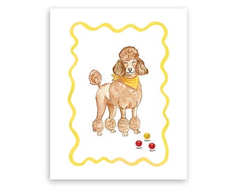 Digital download of a watercolor illustration of a French Poodle with a ball