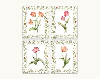 Tulip Floral Botanical Print | Grandmillennial Wall Decor | Modern Southern Art | Digital Download | set of four