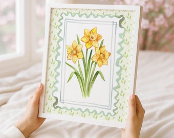 Daffodil Floral Botanical Print | Grandmillennial Wall Decor | Modern Southern Art | Digital Download