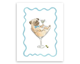 Male pug with a martini illustration (Digital download)