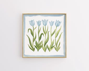 Blue green Tulip Floral Botanical Print | Grandmillennial Wall Decor | Modern Southern Art | Digital Download