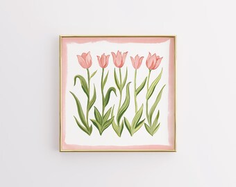 Pink green Tulip Floral Botanical Print | Grandmillennial Wall Decor | Modern Southern Art | Digital Download