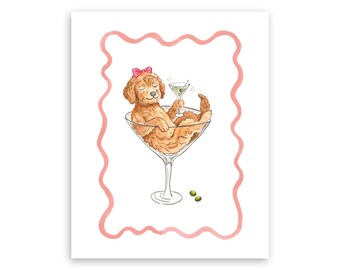 Female Golden Doodle with a martini illustration (Digital download)