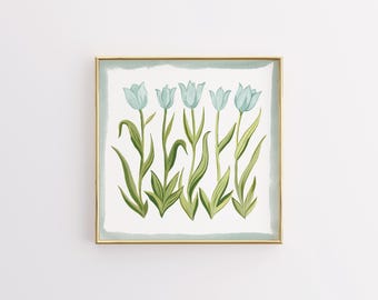 light teal and green Tulip Floral Botanical Print | Grandmillennial Wall Decor | Modern Southern Art | Digital Download