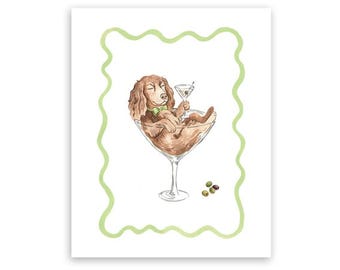 Male cocker spaniel with a martini illustration (Digital download), Fun Dog Lover Gift, Bar Decor