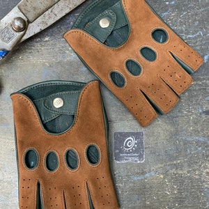 Fingerless Brown nubuck driving gloves, napa leather, Cognac leather gloves, bike rides, cycling leather gloves, Men's leather gloves