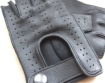 Fingerless deerskin driving gloves, deerskin leather, black color, bike rides, cycling leather gloves, leather gloves, gift for him