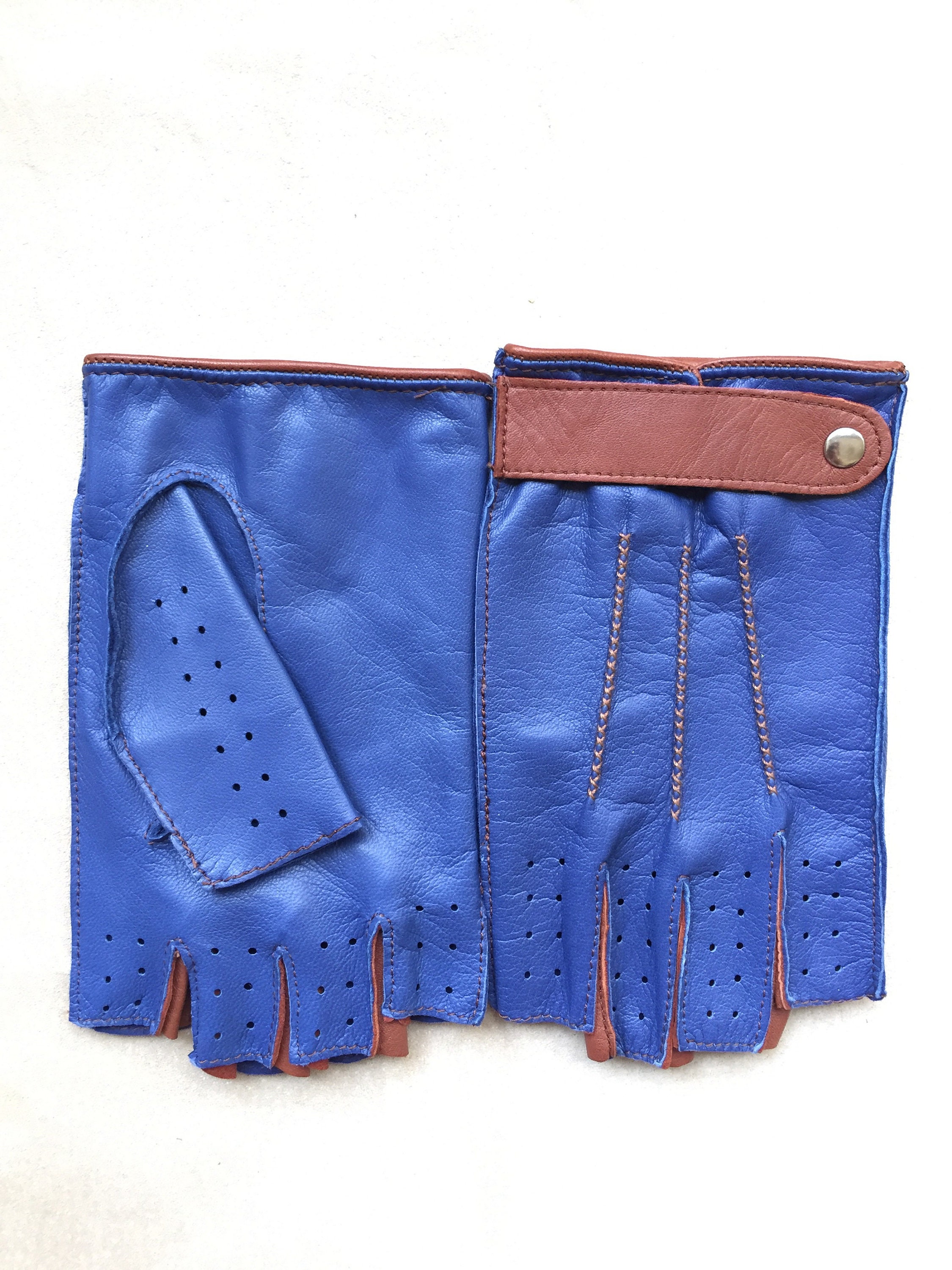 Blue Fingerless driving gloves, nappa leather, blue brown gloves, bike rides, leather gloves, cycling leather gloves, gift for him