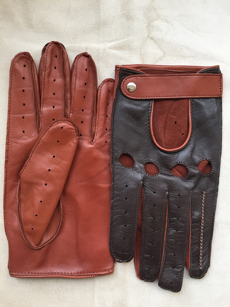 New Men's Driving Gloves/ Italian Napa Leather/ Twotone Brown and Cognac Italian Leather/ Fancy