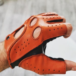 Fingerless driving gloves, italian napa leather, black and orange color, bike rides, leather gloves, lambskin leather, gift for him