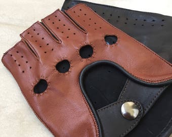 Vingerloze autohandschoenen, Italiaans nappaleer, zwart en bruin, fietstochten, leren handschoenen, leer, cadeau voor hem, autohandschoenen