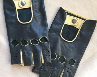 Fingerless driving gloves, nappa leather, green yellow colors, bike rides, leather gloves, cycling leather gloves, gift for him