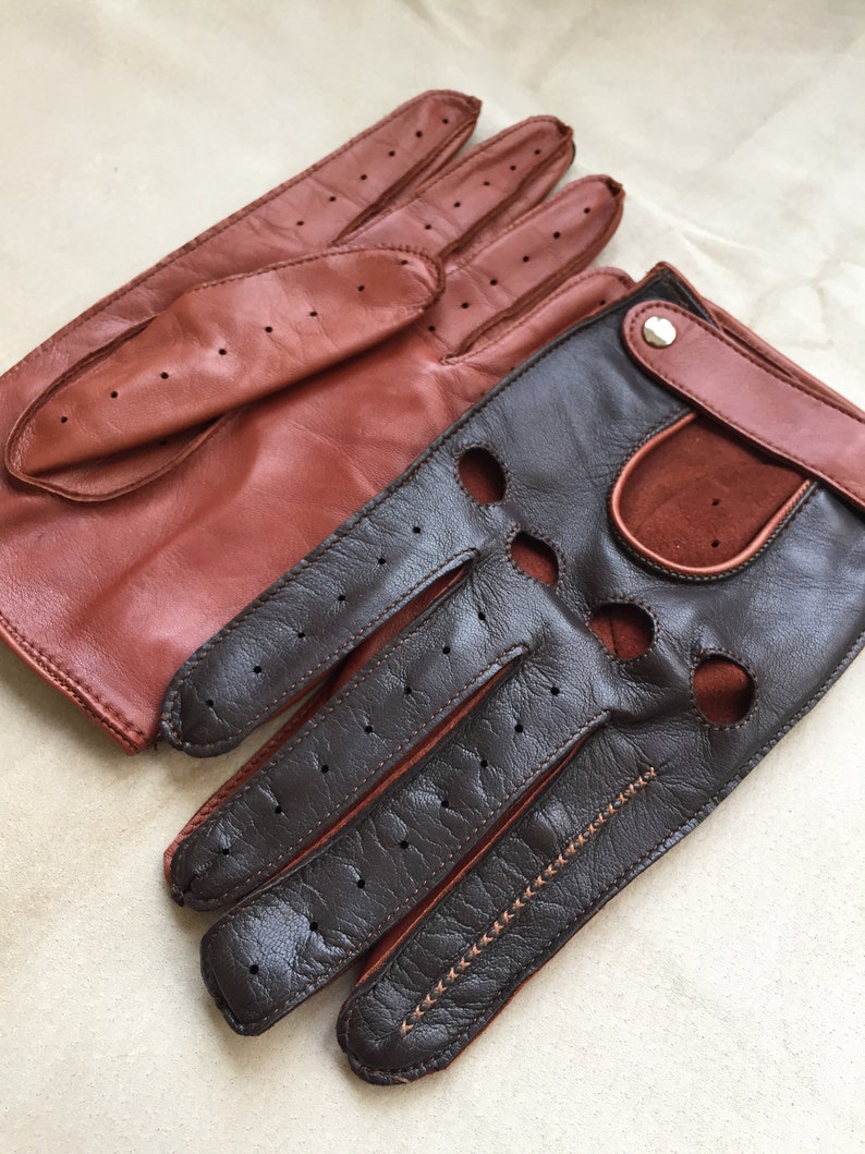 New Men's Driving Gloves/ Italian Napa Leather/ Twotone Brown and Cognac Italian Leather/ Fancy