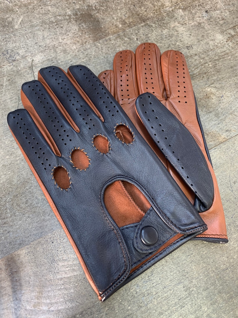 Driving Gloves/ Italian Leather/ Leather Gloves/navy and Tobacco/two