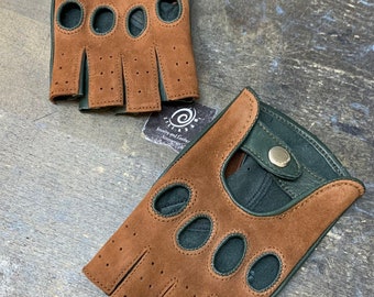 Ladies Green Nubuck Fingerless Lambskin Leather Driving Gloves