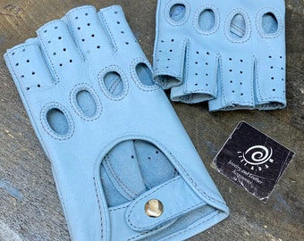 Fingerless driving gloves, italian napa leather, baby blue , bike rides, leather gloves, lembskin leather, gift for her, sky blue