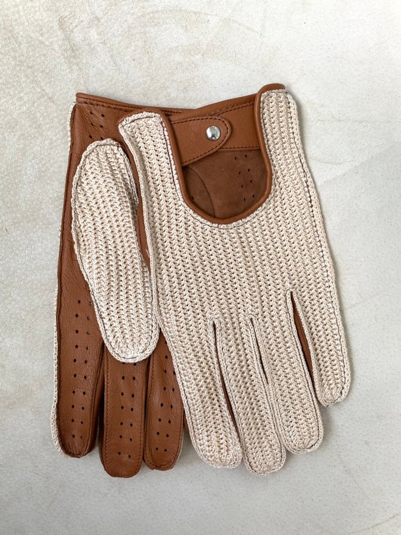 Men's Driving Gloves Brown and Crochet Gloves Cognac Leather Gloves Gift for Him Leather Fashion