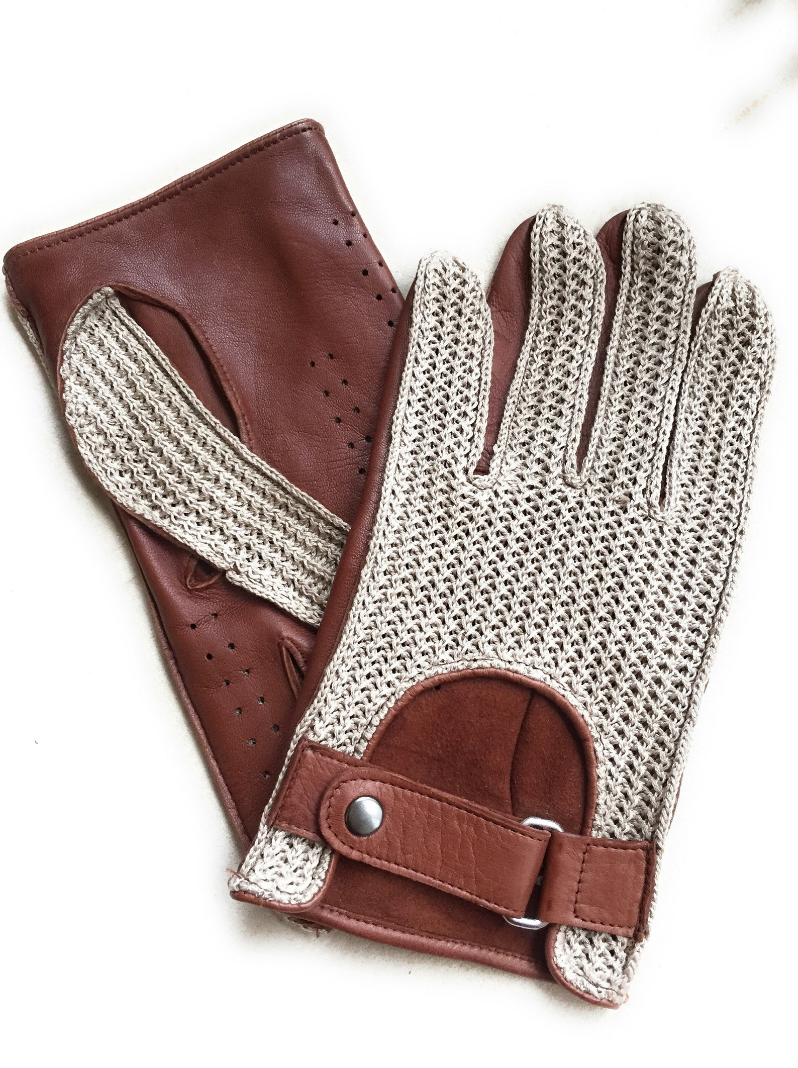 Men's Driving Gloves Brown Leather and Crochet Gloves Etsy
