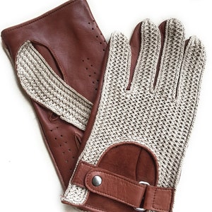 Men&#39;s Driving Gloves  Brown leather And Crochet Gloves  Cognac Leather Gloves  Gift For Him Valentine&#39;s Day Gift
