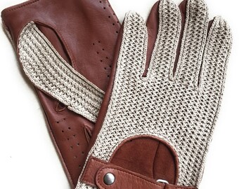 Men's Driving Gloves, Brown Leather & Crochet, Handmade