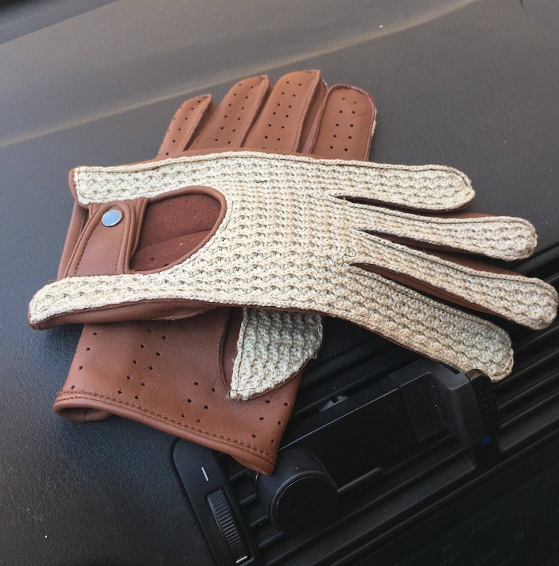 Men's Driving Gloves Brown and Crochet Gloves Cognac Leather Gloves