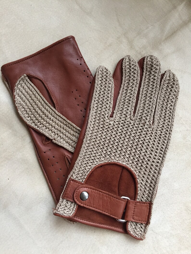 Men's Driving Gloves Brown Leather and Crochet Gloves Etsy