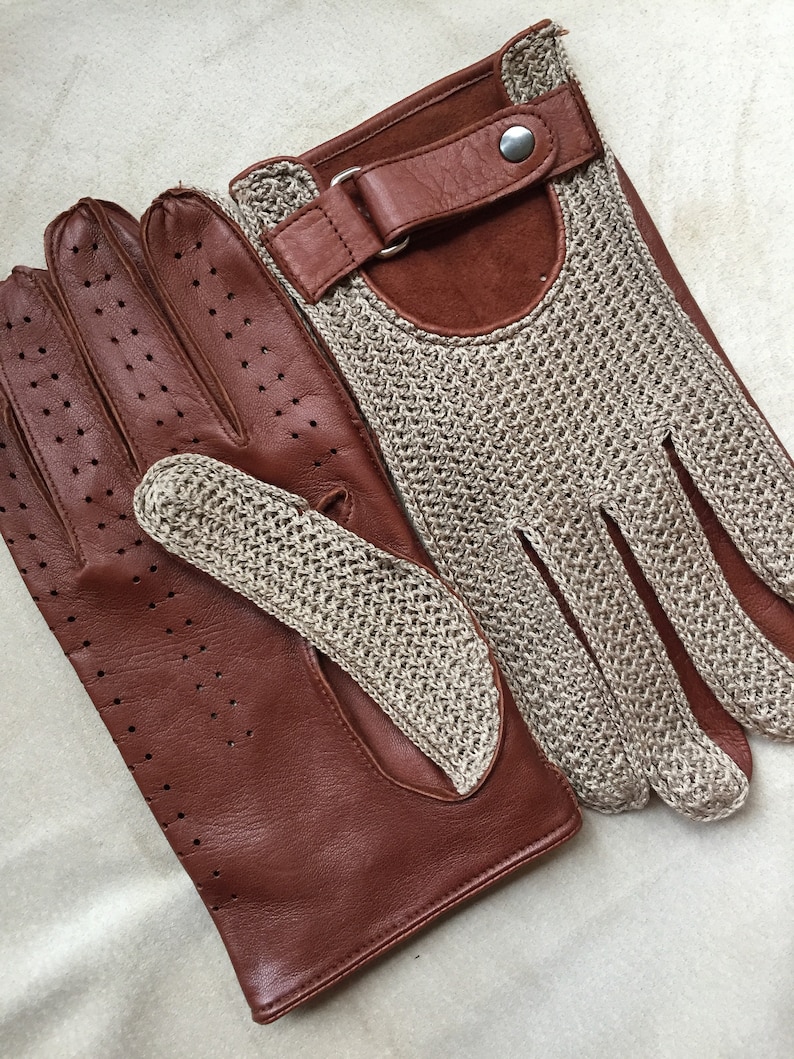 Men's Driving Gloves Brown Leather and Crochet Gloves Cognac Leather Gloves Gift for Him