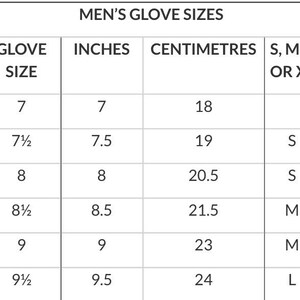 Op de afbeelding: Een witte tabel met de titel "MEN'S GLOVE SIZES" met kolommen voor handschoenmaat, inches, centimeters en maten S, M, L of XL. De tabel geeft handschoenmaten van 7 inch (18 cm) tot 9,5 inch (24 cm).