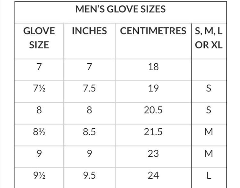 Op de afbeelding: Een witte tabel met de titel "MEN'S GLOVE SIZES" met kolommen voor handschoenmaat, inches, centimeters en maten S, M, L of XL. De tabel geeft handschoenmaten van 7 inch (18 cm) tot 9,5 inch (24 cm).