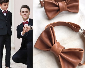 Father and son leather bow tie/ cognac leather/ matching ties/ formal wearing for father/ casual/ for him/ valentines-day bowtie/ Wedding