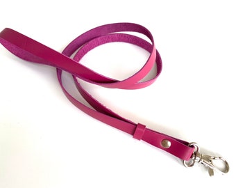 Leather lanyard keychain. Thin Pink lanyard. Leather neck strap. Fine Necklace lanyard. ID badge long lanyard