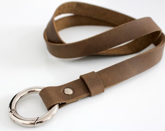 Brown Leather Lanyard with Ring, Handmade Keychain