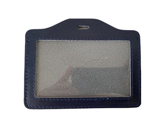 Personalized Navy Blue Leather id badge holder with card pocket Horizontal ID holder vertical badge holder Pass holder sleeve Christmas gift