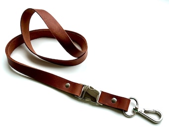 Personalized Brown Leather Lanyard, Breakaway ID Badge Holder
