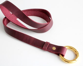 Leather lanyard with strong ring. Marsala leather lanyard