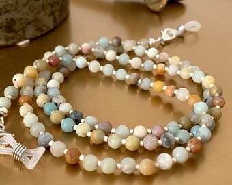 Natural Matte frozen Amazonite & Sterling silver Mask Holder Necklace or Eyeglass Chain.