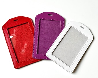 Vertical Leather ID Badge Holder, Genuine Leather ID Card Holder, Work Badge Sleeve, Office Lanyard Tag, Handmade