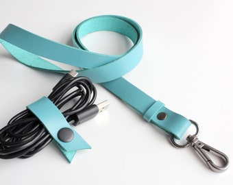 Leather Lanyard turquoise color, Cute lanyard set with Cable Organizer