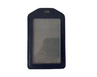 Personalized Navy Blue Leather id badge holder with card pocket Horizontal or vertical